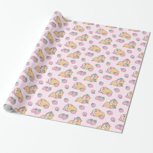 Papier Cadeau Porc de Guinée rose et Motif aux fraises
