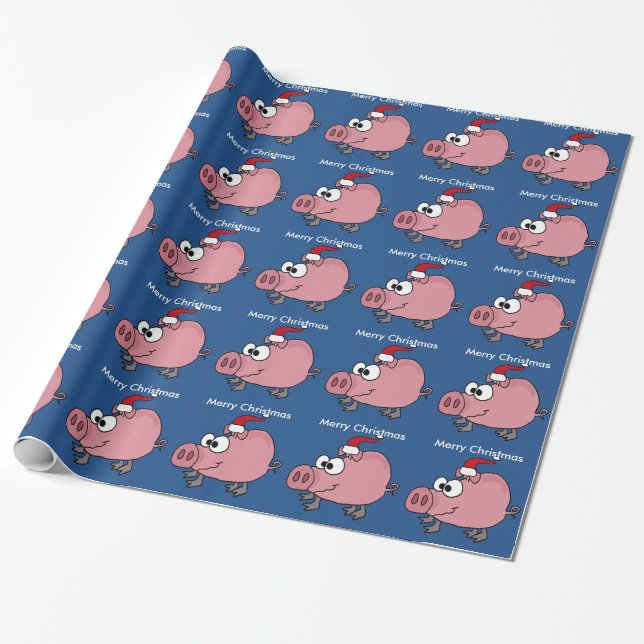 Papier Cadeau Porc rose drôle dans le casquette de Père Noël (Déroulé)