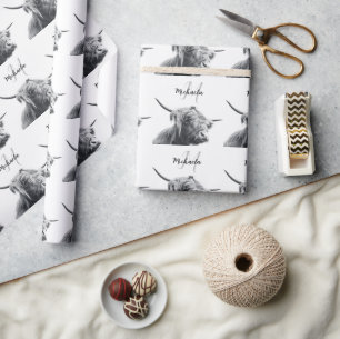 Papier Cadeau Portrait de vache Highland premier monogramme noir