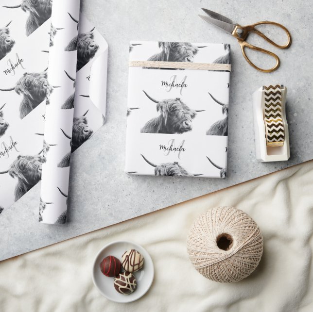 Papier Cadeau Portrait de vache Highland premier monogramme noir (Artisanat)
