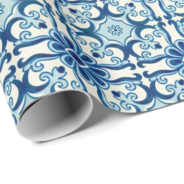 Papier Cadeau Portugais Azulejos Blue Floral Motif (Coin rond)