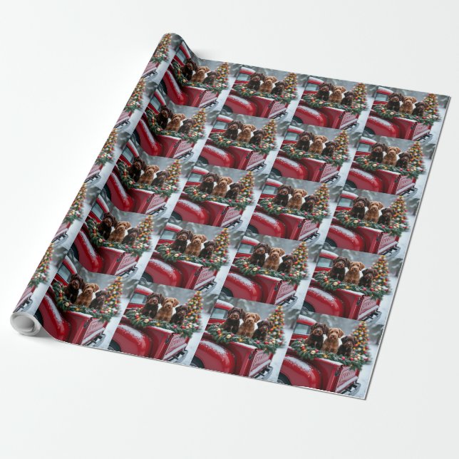 Papier Cadeau Portuguese Water Dog Christmas Red Truck Holiday (Déroulé)