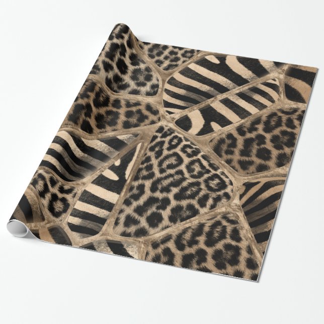 Papier Cadeau Poster de animal - Leopard et Zebra - or pastel (Déroulé)