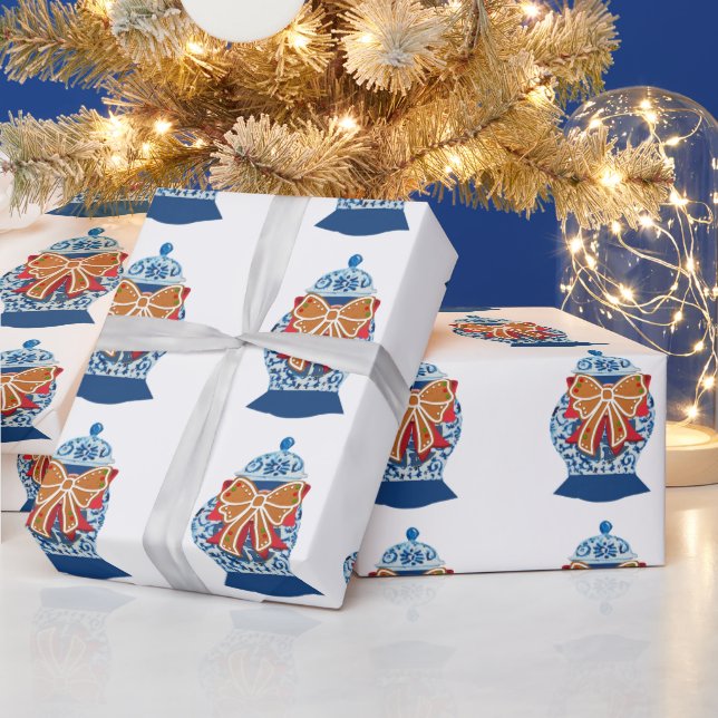 Papier Cadeau Pot à gingembre bleu de Noël     (Vacances)
