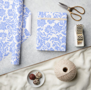Papier Cadeau Poudre bleu et blanc Damas florales
