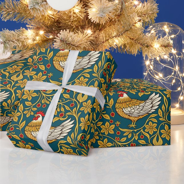 Papier Cadeau Poulet doré Moyen-Age modèle floral (Vacances)