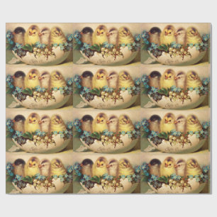 PAPIER CADEAU POULET, FLEURS ET OEUFS DE PÂQUES