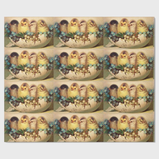 PAPIER CADEAU POULET, FLEURS ET OEUFS DE PÂQUES (Plat)