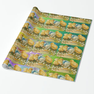 Papier Cadeau POULET, OEUF DE PÂQUES, OEUF DE NEIGE, BLEU, Vert