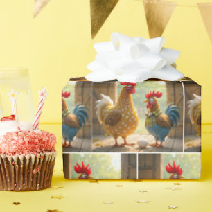 Papier Cadeau Poulets De Ferme Avec Oeuf Blanc