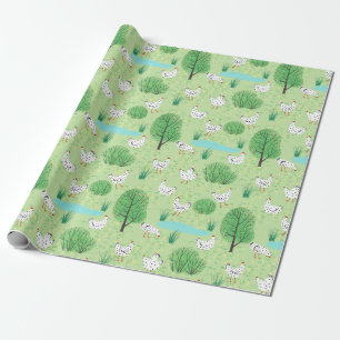 Papier Cadeau Poulets mignons blancs de prairie verte poules de 