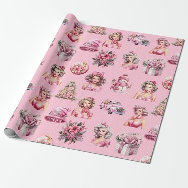 Papier Cadeau Poupée rose de Noël, Conception de camion d'arbre (Déroulé)