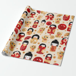 Papier Cadeau Poupées japonaises - Chats Kokeshi et Maneki Neko