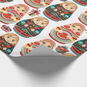 Papier Cadeau Poupées russes Matryoshka Mr & Mrs rose, marine et