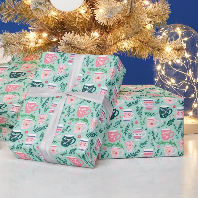 Papier Cadeau Poussettes de Noël rose et vert (Vacances)
