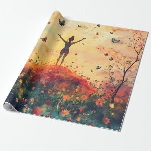 Papier Cadeau Prairie du Coucher de Soleil Méditation avec Papil