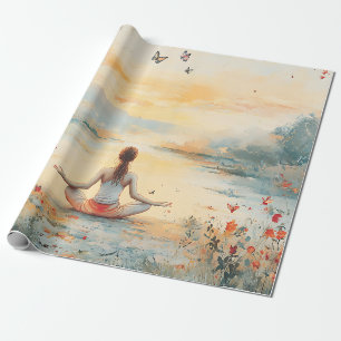 Papier Cadeau Prairie du Coucher de Soleil Méditation avec Papil