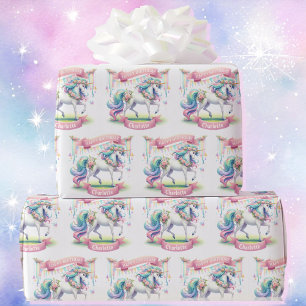 Papier Cadeau Prancing Unicorn Personnaliser le nom de la fille 