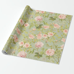 Papier Cadeau Précieux rose Redouté Rose Motif vert