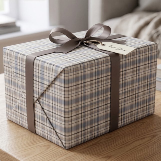 Papier Cadeau Préclassique Bleu Poudre Brun Tartan Carreaux (Créateur téléchargé)