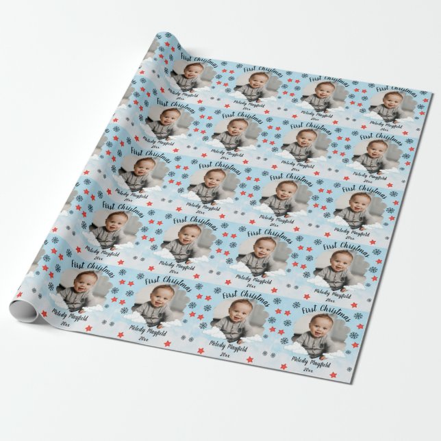 Papier Cadeau Premier bébé garçon de Noël Photo personnalisée 20 (Déroulé)