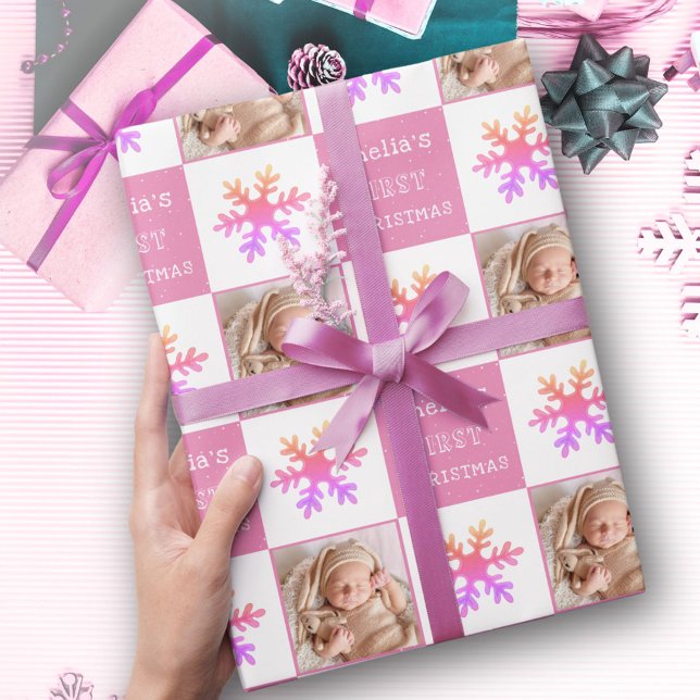 Papier Cadeau Premier flocon de neige de Noël du bébé rose mou (Créateur téléchargé)