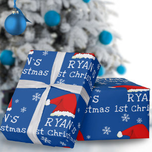 Papier Cadeau Premier Noël du bébé Feu de neige bleu Père Noël