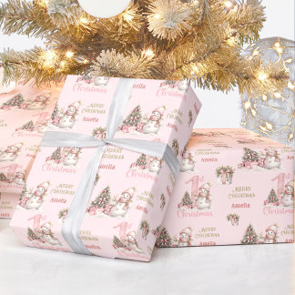 Papier Cadeau Premier Noël rose Vintage Snowman Nom de la fille
