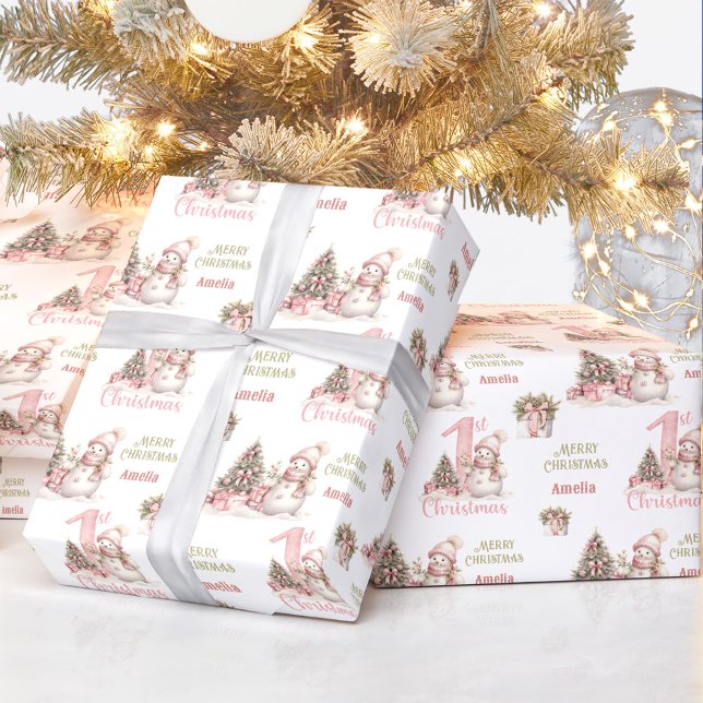 Papier Cadeau Premier Noël Vintage Snowman Nom de la fille (First Christmas Vintage Snowman Girl Name Wrapping Paper)