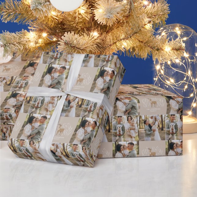 Papier Cadeau Premier renne beige de Noël élégant multi photo (Vacances)