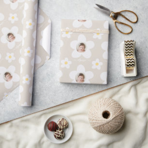 Papier Cadeau Première anniversaire marguerite boho rétro terrac