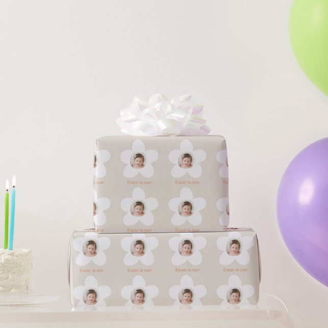 Papier Cadeau Première anniversaire marguerite boho rétro terrac (Cadeaux de fête)