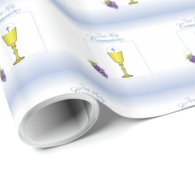 Papier Cadeau Première communion de garçon, Chalice avec hôte et (Coin rond)