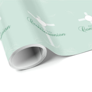 Papier Cadeau Première Communion sainte, Script en vert tendre