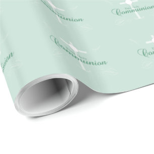 Papier Cadeau Première Communion sainte, Script en vert tendre