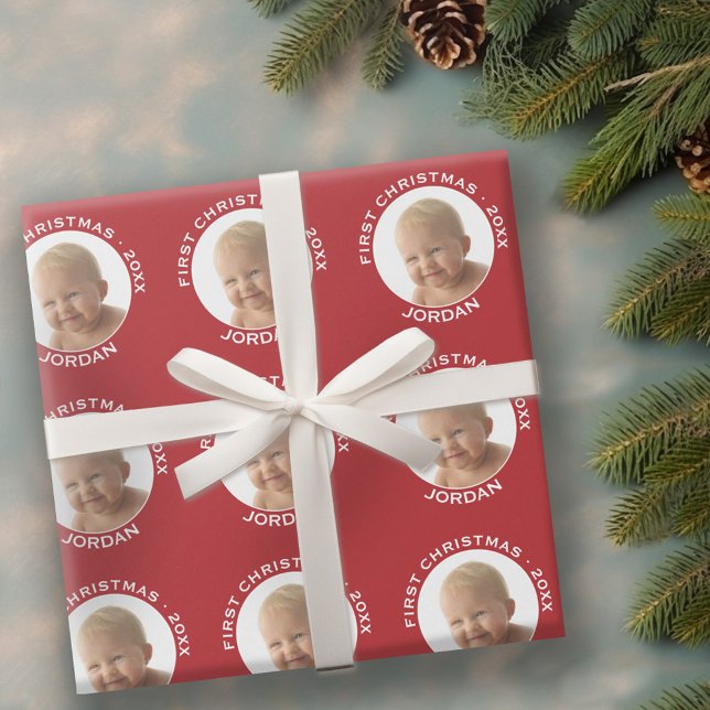Papier Cadeau Première photo de Noël du bébé Nom et année person (Personalized Wrapping paper - 1 Photo)
