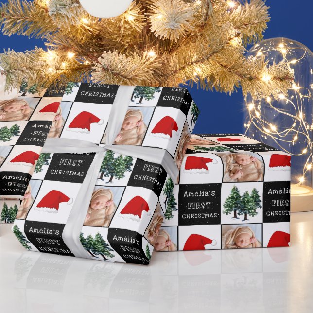 Papier Cadeau Première photo de Noël du bébé Santa Hat Snow Tree (Vacances)