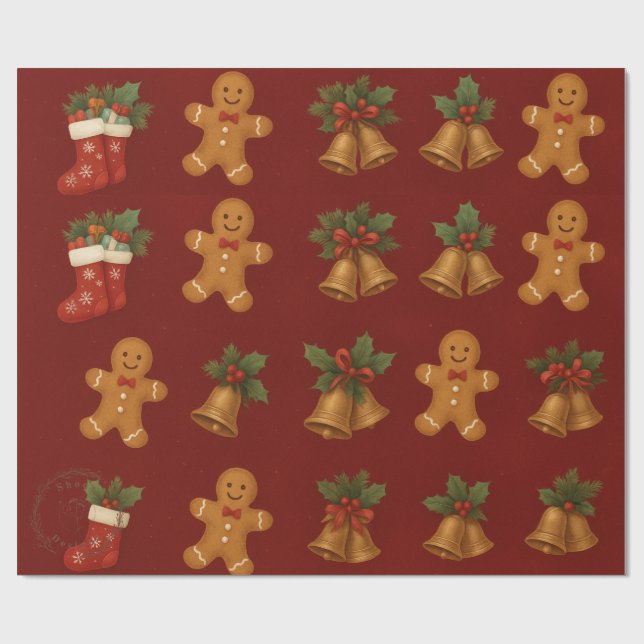 Papier Cadeau Premium Christmas Wrap – Gingerbread & Bells (Plat)