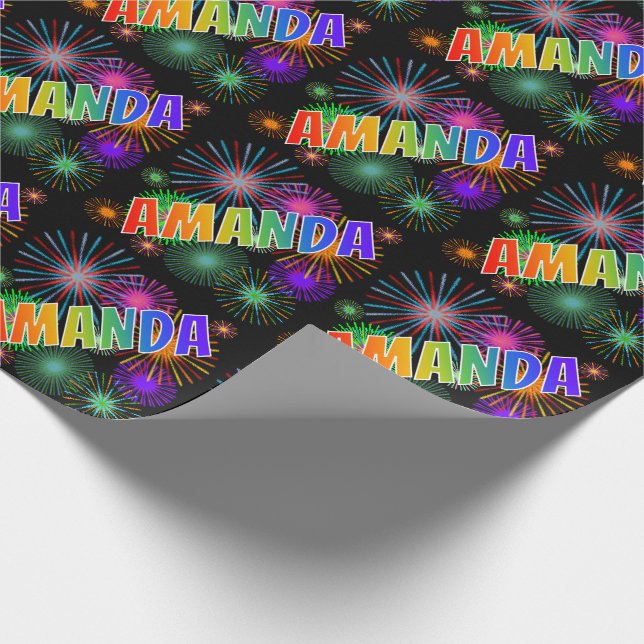 Papier Cadeau Prénom arc-en-ciel "AMANDA" + feux d'artifice (Coin)
