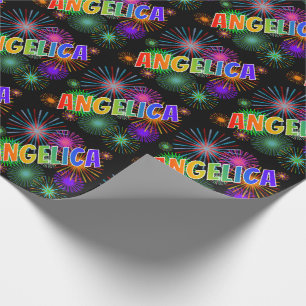 Papier Cadeau Prénom arc-en-ciel "ANGELICA" + feux d'artifice