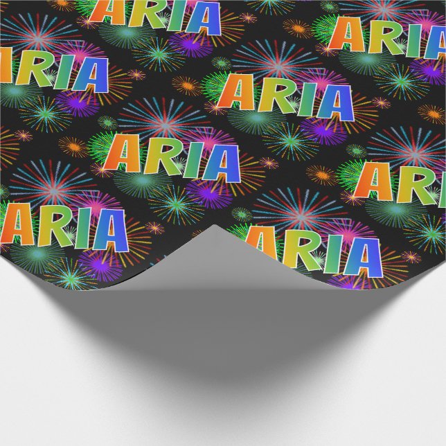 Papier Cadeau Prénom Arc-en-ciel "ARIA" + Fireworks (Coin)