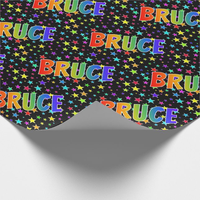 Papier Cadeau Prénom arc-en-ciel "BRUCE" + Étoiles (Coin)