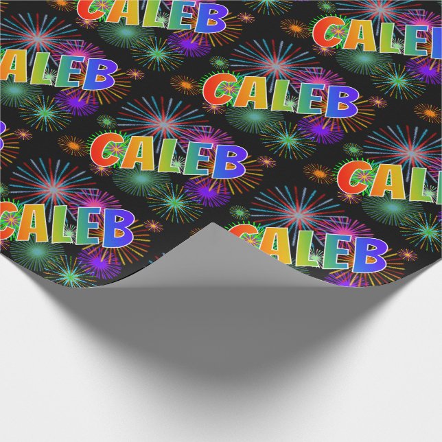 Papier Cadeau Prénom arc-en-ciel "CALEB" + feux d'artifice (Coin)