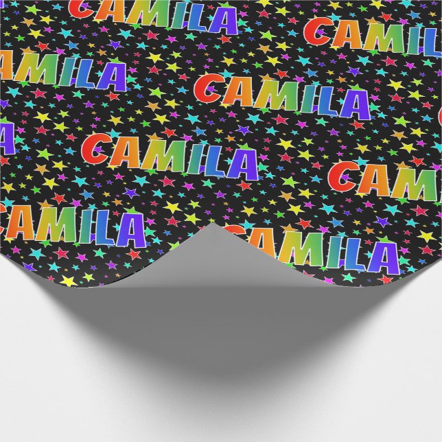 Papier Cadeau Prénom arc-en-ciel "CAMILA" + Étoiles (Coin)