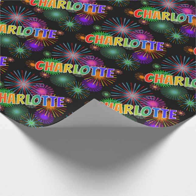 Papier Cadeau Prénom arc-en-ciel "CHARLOTTE" + Feu d'artifice (Coin)