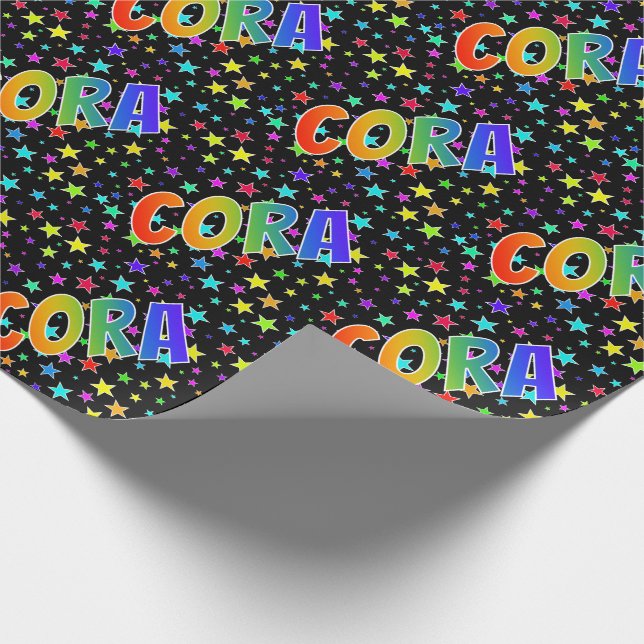 Papier Cadeau Prénom arc-en-ciel "CORA" + Stars (Coin)
