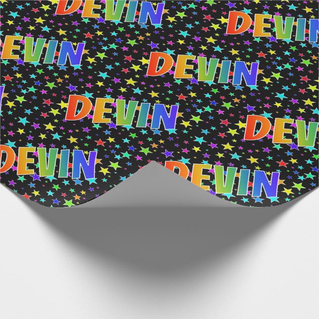 Papier Cadeau Prénom arc-en-ciel "DEVIN" + étoiles (Coin)