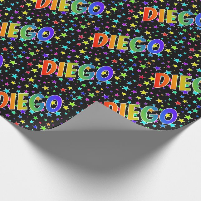Papier Cadeau Prénom arc-en-ciel "DIEGO" + Stars (Coin)