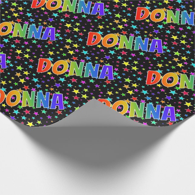Papier Cadeau Prénom arc-en-ciel "DONNA" + Étoiles (Coin)