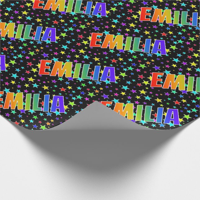 Papier Cadeau Prénom arc-en-ciel "EMILIA" + Étoiles (Coin)